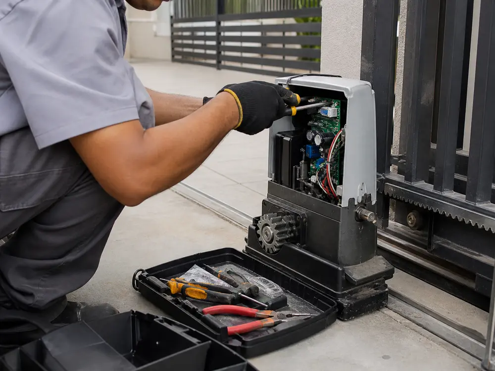 Técnico realizando manutenção em automatizador de portão